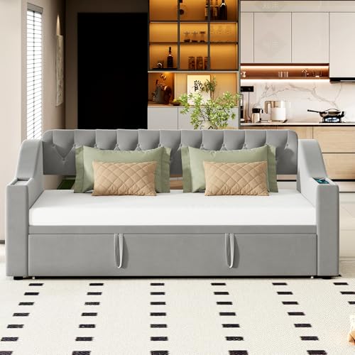 FAYICIC Polsterbett Schlafsofa, 90/180x190 cm, mit USB-Ladeanschluss, Integrierte Ablage in den Armlehnen, Mit Ablagetaschen,Mit Lattenrost, Samtstoff (Grau) von FAYICIC
