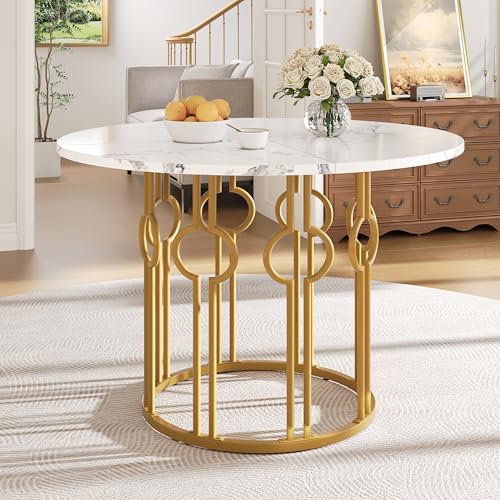 FAYICIC Runder Esstisch (100×100×76cm), Küchentisch, Runder Kaffeetisch für 4,geeignet für Esszimmer, Wohnzimmer,Tischbeine aus Metall,MDF marmorierte Tischplatte, goldene Beine von FAYICIC
