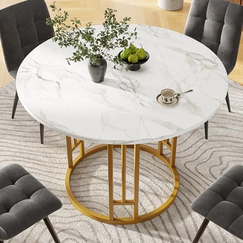 FAYICIC Runder Esstisch (80×80×76cm), Küchen-Esstisch, runder Couchtisch für 4 Personen, geeignet für Esszimmer, Wohnzimmer, Tischplatte aus MDF-Marmor, Gold von FAYICIC