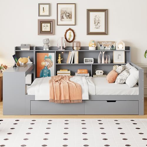 FAYICIC Schlafsofa aus Massivholz, 90x200 cm, Mit Schreibtisch Bücherregal Ablagefächern und Regalen, Mit Steckdose, Mit 2 großen Ablagefächern, Multifunktionales Holzbett (Grau) von FAYICIC