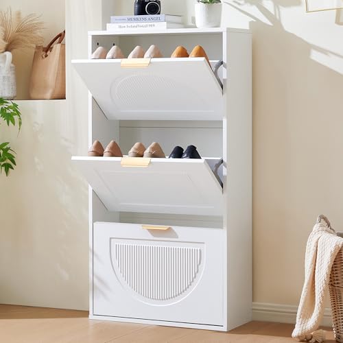 FAYICIC Schuhkipper Schmal mit 3 Klappen, Schuhschrank, Schuhschrank Weiss Schuhkommode für Flur Wohnzimmer,Maße:60 x 24 x 114cm (Weiß) von FAYICIC