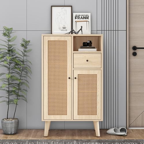 FAYICIC Sideboard in Holzoptik, 2 Rattantüren, 1 Schublade, Eckschrank, Kommode, Standschrank Stauschrank Sideboard mit großem Stauraum, 60x40x101cm von FAYICIC