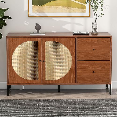 FAYICIC Sideboard mit 2 Rattan verzierten Türen und 2 Schubladen Kommode Küchenschrank, Mehrzweckschrank, Highboard mit Metallgriffe, für Schlafzimmer & Wohnräume & Büro von FAYICIC