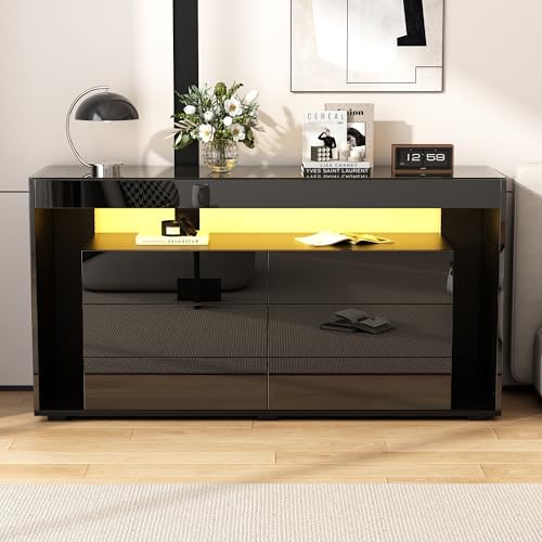 FAYICIC Sideboard mit 6 großen Schubladen, LED-Hochglanz-Sideboard mit Platte aus gehärtetem Glas, Doppellagiges Design mit großem Stauraum, geeignet für Wohnzimmer,Schwarz FAYICIC Sideboard mit 6 großen Schubladen, LED-Hochglanz-Sideboard mit Platte aus gehärtetem Glas, Doppellagiges Design mit großem Stauraum, geeignet für Wohnzimmer,Schwarz von FAYICIC