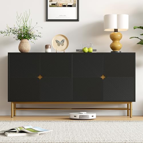 FAYICIC Sideboard mit Erhabener Textur 160cm, Schrank mit Vier Türen Goldene Gebürstete Griffe und Hochglanz Tischbeine, 160×40×82cm (Schwarz) von FAYICIC