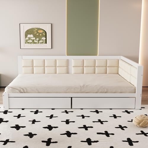 FAYICIC Sofa Holzbett 140x200 Multifunktionsbett, weiche Rückenlehnenform, große Stauraumschubladen, Lattenrost, Einzelbett Kiefer (Weiß) von FAYICIC