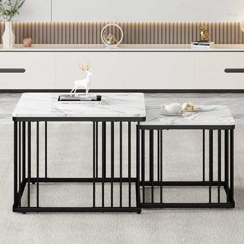 FAYICIC Stilvolles 2-teiliges Couchtisch-Set, quadratische Tische in 60x60x45cm & 45x45x40cm, hochglänzende Marmoroptik, höhenverstellbare Füße,Hochglanz-Kombi-Couchtisch von FAYICIC