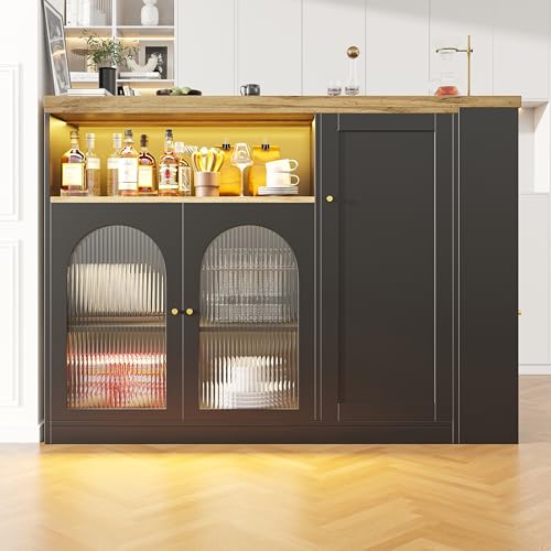 FAYICIC Um 360° drehbarer Bartisch (Hauptkörper: 198 x 39,6 x 97 cm), mattschwarzer Schrank mit Schreibtisch in Holzmaserung, mit Changhong-Glasschranktür und LED-Licht von FAYICIC