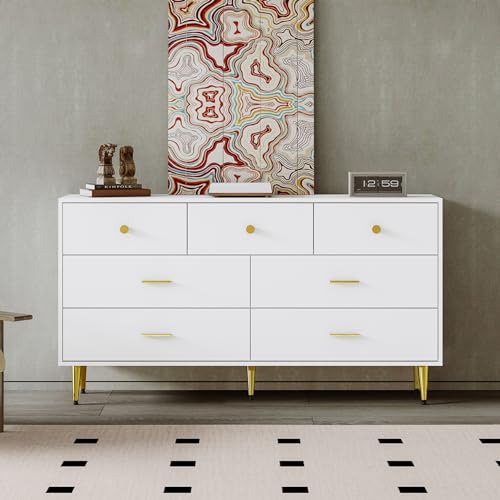 FAYICIC Weißes Sideboard, 7 Schubladen, goldene Griffe, goldene Beine, Glatte Schubladenführungen, 140x35x76cm, Esszimmer Anrichte Sideboard Küchenschrank von FAYICIC