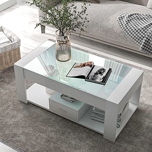 FAYICIC Wohnzimmer Couchtisch mit Glasplatte, Schließfächern und Stauraum, Weiß 100 x 50 x 40cm von FAYICIC
