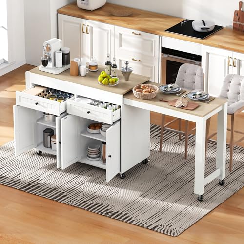 Kücheninsel auf Rollen, Ausziehbarer Essbereich Kücheninsel mit Arbeitsplatte und Schubladen, Mobile freistehend, Ideal für Küche und Esszimmer (Weiß+Natur) von FAYICIC