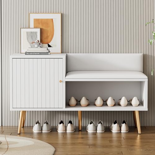 Moderne luxuriöse Schuhtruhe in Weiß mit Stauraum, gepolsterter Sitzbank und Rückenlehne - Schuhregal mit Metallgriffen und Metallbeinen - Perfekt für den Eingangsbereich - Maße: B100/T40/H58 cm Moderne luxuriöse Schuhtruhe in Weiß mit Stauraum, gepolsterter Sitzbank und Rückenlehne - Schuhregal mit Metallgriffen und Metallbeinen - Perfekt für den Eingangsbereich - Maße: B100/T40/H58 cm von FAYICIC