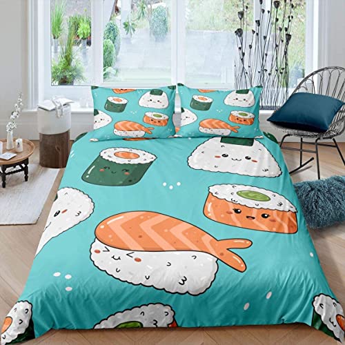 Bettwäsche 135x200 Blaues Sushi 3 Teilig Bettbezug mit Reißverschluss, Weiche Mikrofaser Bettwäsche-Sets für Kinder - 1 Bettbezüge und 2 Kissenbezug 80x80cm von FAZAOWM