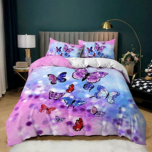 Bettwäsche 155x220 lila Schmetterling Weiche Mikrofaser Bettbezug mit Reißverschluss, Bettwäsche-Sets für Kinder - 1 Bettbezüge und 2 Kissenbezüge 80x80 cm von FAZAOWM