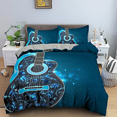 Bettwäsche 200x220 Blaue Gitarre Weiche Mikrofaser Bettbezug mit Reißverschluss, Atmungsaktive Bettbezüge und 2 Kissenbezug 80x80 für Kinder Erwachsene Jugendliche von FAZAOWM