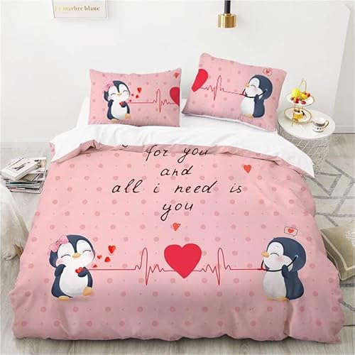 Bettwäsche 200x220 rosa Pinguin Weiche Mikrofaser Bettbezug mit Reißverschluss, Atmungsaktive Bettbezüge und 2 Kissenbezug 80x80 für Kinder Erwachsene Jugendliche von FAZAOWM