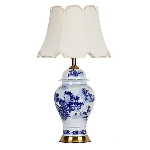 FAZRPIP Große chinesische orientalische Keramik-Porzellan-Tischlampe mit weißem Stoff-Lampenschirm Schlafzimmer-Nachttischlampe Blaue und weiße Porzellan-Schlafzimmer-Nachttischlampe Ginger Jar Lamp von FAZRPIP