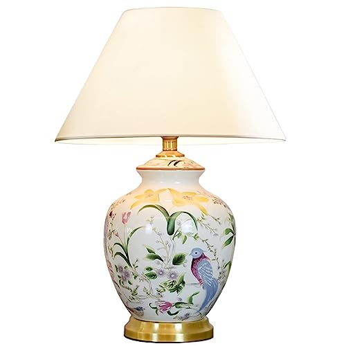 FAZRPIP Handbemalte Keramik-Tischlampen mit Blumen und Vögeln, traditionelle Nachttisch-Nachttischlampe mit Lampenschirm aus Stoff, große Keramik-Tischlampe für Schlafzimmer und Wohnzimmer von FAZRPIP