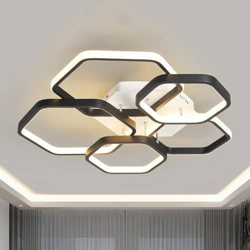 FAZRPIP Moderne LED-Deckenleuchte, 52 W/80 W, dimmbar, sechseckige Deckenleuchten mit Fernbedienung, 3/55 Ringe, Unterputz-Deckenleuchter für Wohnzimmer, Esszimmer, Küche, Schlafzimmer von FAZRPIP