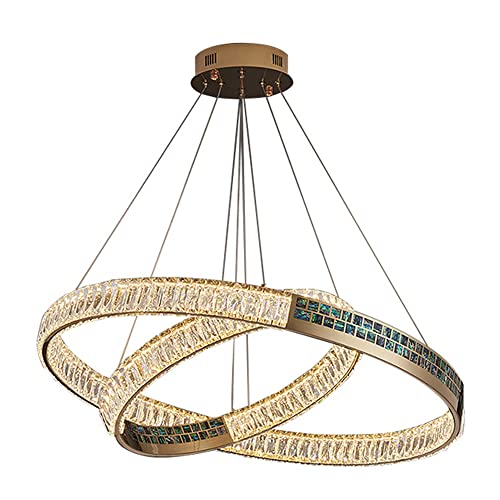 FAZRPIP Moderner LED-Kristall-Kronleuchter, goldene 2-Ring-Kristall-Pendelleuchte mit 3-Farben-Dimmbarkeit, 126-W-Edelstahl-Deckenleuchte für hohe Decken im Wohnzimmer-Foyer D: 23,6 '' + 15,8 '' von FAZRPIP