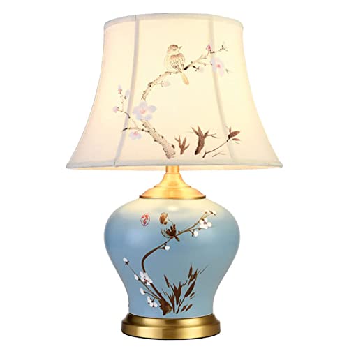 FAZRPIP Schlafzimmer-Nachttischlampe, Blume und Vogel, bemalte Keramik-Tischlampe, Nachttischlampe, chinesische Moderne Nachttischlampe mit Stoff-Lampenschirm, chinesische Heimdekoration, Ornamente von FAZRPIP