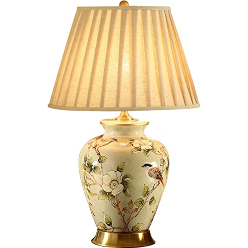 Keramik-Tischlampe im amerikanischen Stil, Schlafzimmer-Nachttischlampe mit tonnenförmigem Lampenschirm, Blumen- und Vogelmalerei, große orientalische Keramik-Tischlampe, Nachttisch-Tischlampe von FAZRPIP