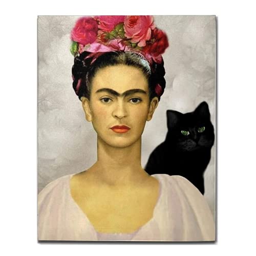 Frida Kahlo Bildgrafik Leinwand Wandkunst Blume Frau Und Schwarze Katze Frida Kahlo Selbstporträt Ölgemälde HD-Druck Malerei Poster Home Decor,60×80cm von FBART