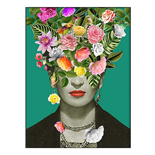 Frida Kahlo Poster Drucken Mit Art Definition in Spanisch Modernes Farn-Blumen-Rauch-Vintages Aquarell Porträt Leinwanddruck Bild, Zuhause Wandkunst Dekor, Ungerahmt,Flowers,50x70cm von FBART