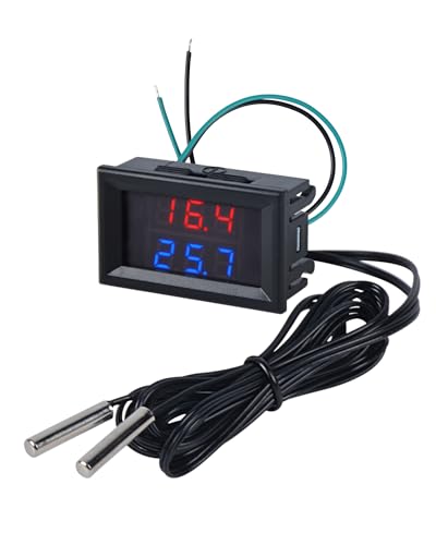 FBBULES Dual Display LED Digitales Thermometer mit 2 Wasserdichten Metallsonden, DC 4-28V Temperatursensor für Aquarium Fischbecken Kühlschrank, mit 2M Sensorleitung, Rot&Blau von FBBULES