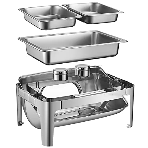 9-Liter-Chafing Dishes und Buffetwärmer-Set aus Edelstahl in voller Größe mit Roset aus Edelstahl in voller Größe mit Rolltop, 2 Arten von Wärmeplatten, Brennstoffbehältern und Wasserpfanne, von FBHappiness