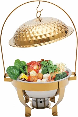 Buffet-Set mit Speisenwärmer, runder Goldener Speisenwärmer mit goldenem Hängededenem Hängedeckel für Esstisch, Edelstahl, runder Speisenwärmer, Edelstahl, stehend~/, Gold-4,5 l (Gold 4,5 l) von FBHappiness