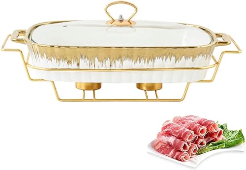Chafing Dish-Buffet-Set aus Keramik, rechteckiges Unterglasur-Buffet mit transpaUnterglasur-Buffet mit transparentem Glasdeckel und Chafing-Brennstoffhalter, Speisenwärmer für den Winter (M) von FBHappiness