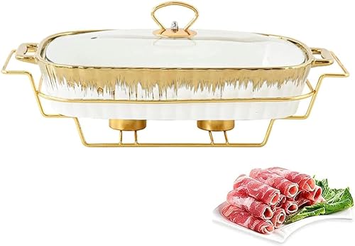 Chafing Dish-Buffet-Set aus Keramik, rechteckiges Unterglasur-Buffet mit transpaiges Unterglasur-Buffet mit transparentem Glasdeckel und Chafing-Fuel-Halter, Speisenwärmer für den Winter (S) von FBHappiness