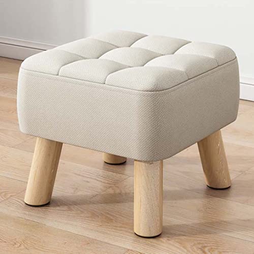 Fußhocker aus Holz für Wohnzimmer, Schlafzimmer, Dekoration, quadratischer Leineocker mit gepolsterter Sitzfläche und 4 Beinen, kleiner beiger Hocker zum Tragen von Schuhen (30 x 30 x 26 cm) von FBHappiness