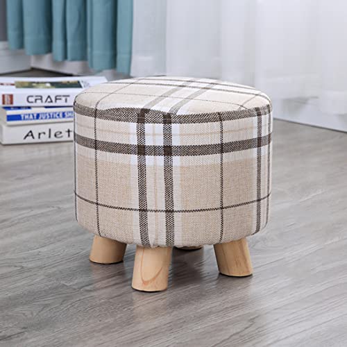 Fußhocker aus Holz mit gepolsterter Sitzfläche aus Leinen für die Dekoration im ion im Wohnzimmer oder Schlafzimmer. Kleiner Stuhlhocker mit 4 Beinen (28 x 25 cm), Sitzbezug mit Gittermuster von FBHappiness