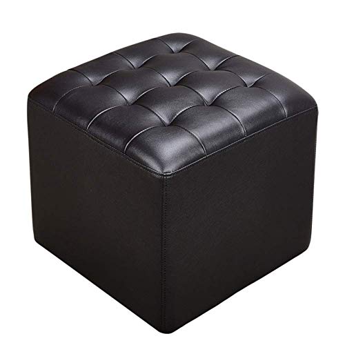 Moderner Fußhocker aus schwarzem Leder mit Massivholzbasis, kleine Bank für Wohner mit Massivholzbasis, kleine Bank für Wohnzimmer oder Couchtisch, 40 x 40 x 35 cm, quadratischer Pouf-Würfel von FBHappiness