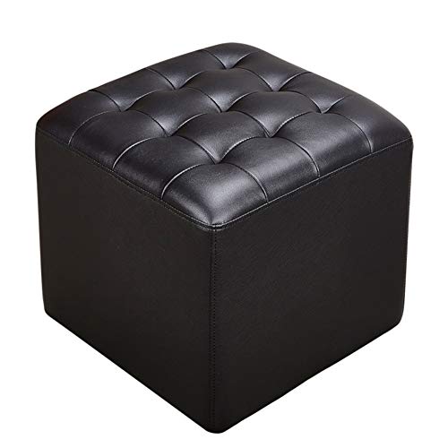 Moderner schwarzer Leder-Würfel-Pouf-Fußhocker mit Couchtischplatte aus Massivhoer-Würfel-Pouf-Fußhocker mit Couchtischplatte aus Massivholz, kleine Bank für das Wohnzimmer (40 x 40 x 35 cm) von FBHappiness