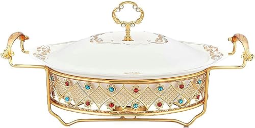 Ovaler Chafing Dish aus Keramik, Chafing Dish mit luxuriösem Strass-Brennstoffhass-Brennstoffhalter und Deckel, Geschirrset für Buffets, Hochzeiten, Partys, Weihnachten, Mehrfarbig (A 1,5 l) von FBHappiness