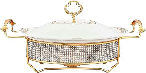 Ovaler Chafing Dish aus Keramik, Chafing Dish mit luxuriösem Strass-Brennstoffhass-Brennstoffhalter und Deckel, Geschirrset für Buffets, Hochzeiten, Partys, Weihnachten, Mehrfarbig (B 1,5 l) von FBHappiness