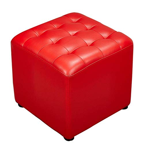 Roter, mit Leder gepolsterter Würfel-Pouf-Fußhocker mit Couchtisch aus Massivhololsterter Würfel-Pouf-Fußhocker mit Couchtisch aus Massivholz, kleine Bank für das Wohnzimmer, 40 x 40 x 35 cm von FBHappiness