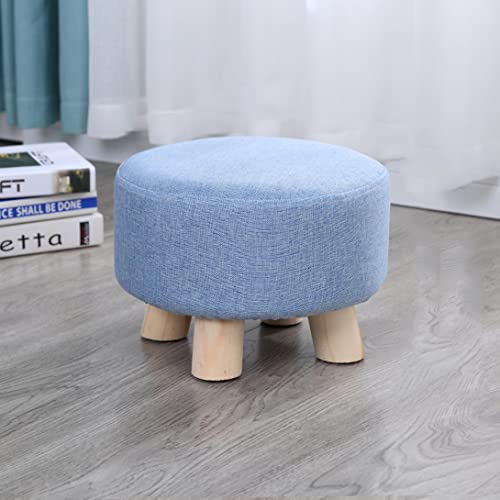 Runder Fußhocker aus Holz mit gepolsterter Sitzfläche für Wohnzimmer, Schlafzimmrter Sitzfläche für Wohnzimmer, Schlafzimmer, Dekoration, kleiner Leinenhocker mit 4 Beinen (Blau, 28 x 20 cm) von FBHappiness