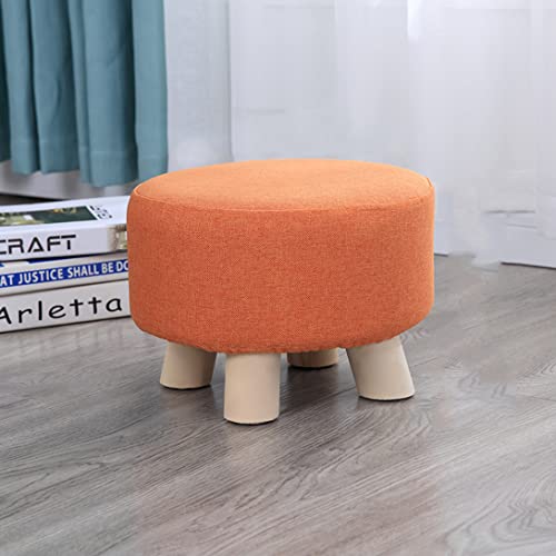 Runder Fußhocker aus Leinen mit gepolsterter Sitzfläche für Schuhe, kleiner Holz, kleiner Holzstuhlhocker mit 4 Beinen, Dekoration für Wohnzimmer oder Schlafzimmer, Farbe Orange (28 x 20 cm) von FBHappiness