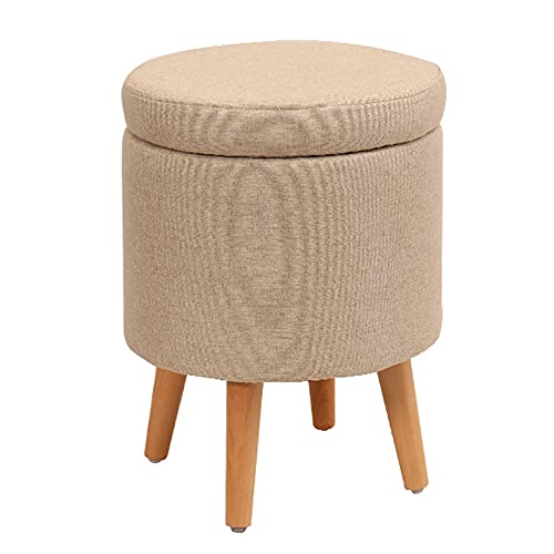 Runder Fußhocker mit Stauraum, Wechselschuhhocker mit Klappdeckel und Beinen auslschuhhocker mit Klappdeckel und Beinen aus Massivholz für Couch, Schreibtisch, Büro, Wohnzimmer, Beige, 45 cm von FBHappiness