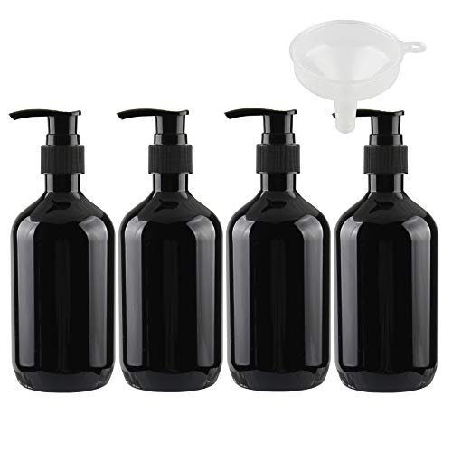 FBJIE 4 Stück 300 ml 10 oz Leere Rund Schwarz Kunststoff Flasche mit Seifenspender, 300ml Lotionspender Gelspender Pump zum befüllen für Cremigen Substanzen, Lotionen,Gele Lotion-Spender mit Trichter von FBJIE