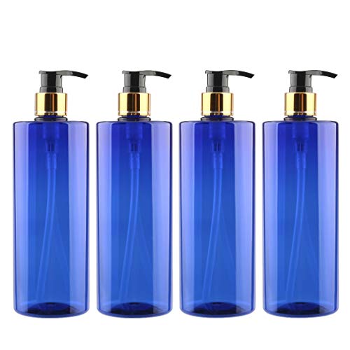 FBJIE 4 Stück 500ml 16,9oz Leere Blau Kunststoff Flasche mit Seifenspender, Lotionspender Gelspender zum befüllen für cremigen Substanzen, Lotionen,Gel 500 ml Lotion-Spender Schwarz Pump mit Gold Ring von FBJIE