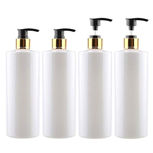 FBJIE 4 Stück 500ml 16,9oz Leere Weiß Kunststoff Flasche mit Seifenspender, Lotionspender Gelspender zum befüllen für cremigen Substanzen, Lotionen,Gel 500 ml Lotion-Spender Schwarz Pump mit Gold Ring von FBJIE