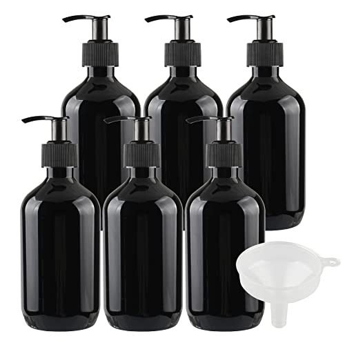 FBJIE 6 Stück 300 ml 10 oz Leere Rund Schwarz Kunststoff Flasche mit Seifenspender, 300ml Lotionspender Gelspender Pump zum befüllen für Cremigen Substanzen, Lotionen,Gele Lotion-Spender mit Trichter von FBJIE