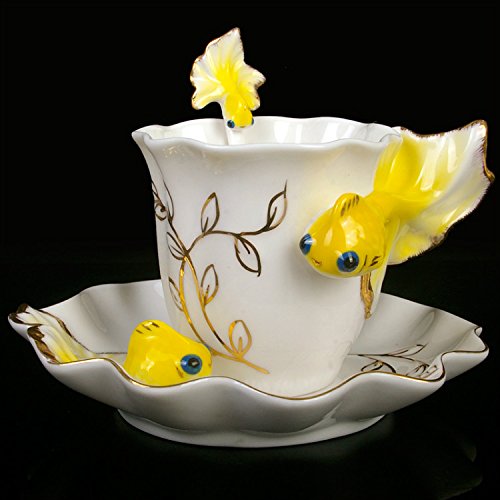 FBSHOP(TM) Gelbe lustige lebendige Goldfisch-Porzellan Teetasse und Untertasse, Kaffeetasse aus feinem Porzellan, antik, matt, mit Goldrand, Blätter, modisch, wunderschön, Hochglanz-Finish, Geburtstag von FBSHOP(TM)