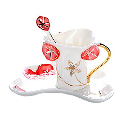 FBSHOP(TM) Teetasse und Untertasse aus Porzellan mit rotem Lotusblatt-Muster im Vintage-Stil, für Tee und Untertasse, Kaffee-/Milchtasse, feines Porzellan, Geburtstagskunst, Hochzeitsgeschenk von FBSHOP(TM)