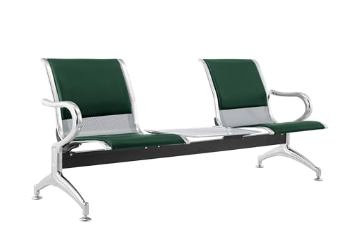 FBasic 3-Sitzer Bank Stahl 183 x 71 x 78 H silber für Wartezimmer | zur Selbstmontage: 3 Sitze + Couchtisch | Mit Sitzkissen und Rückenlehne Waldgrün 117 | Bank mit Armlehnen von FBasic